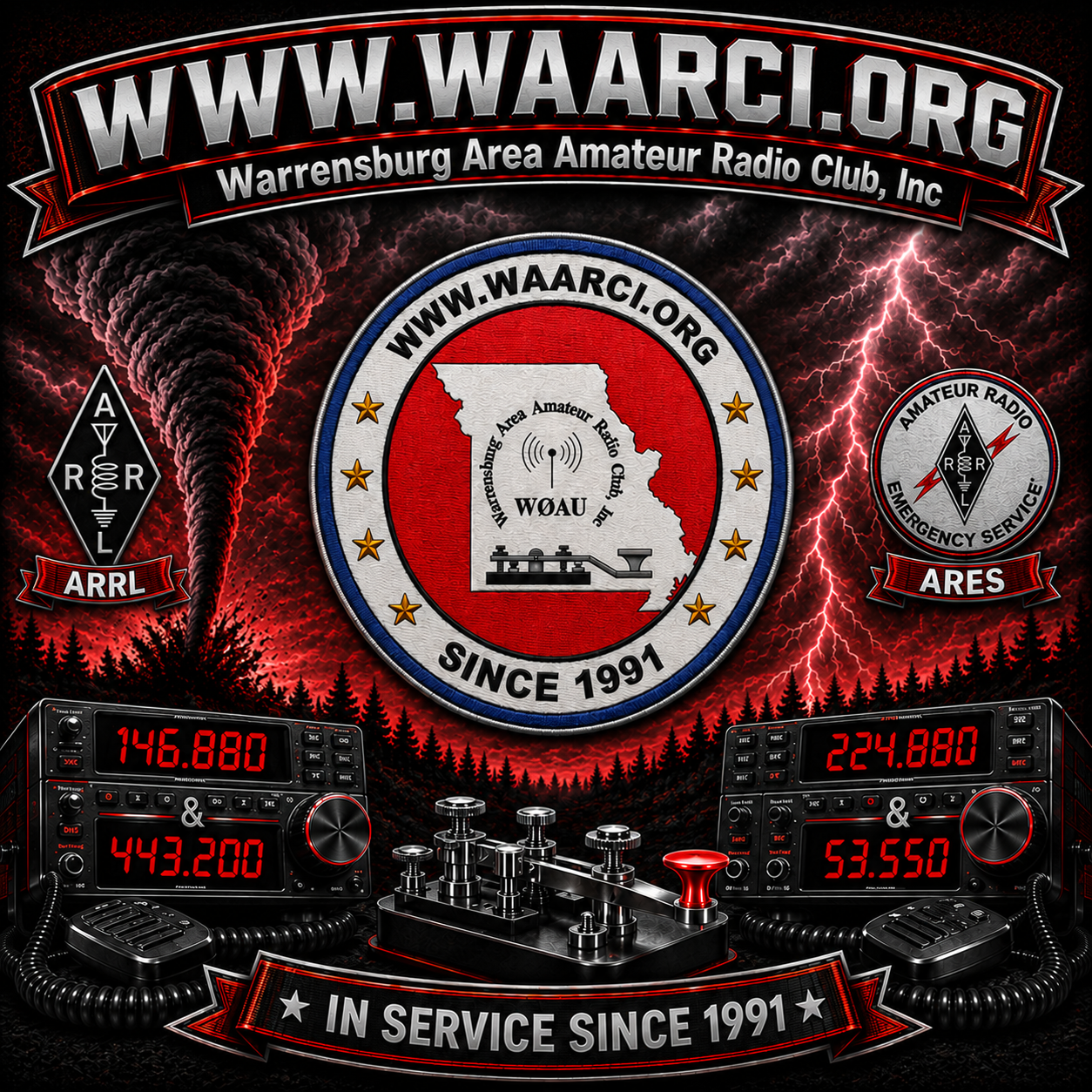 WAARCI amateur radio club artwork with tower, radios, Morse key, ARRL and ARES emblems